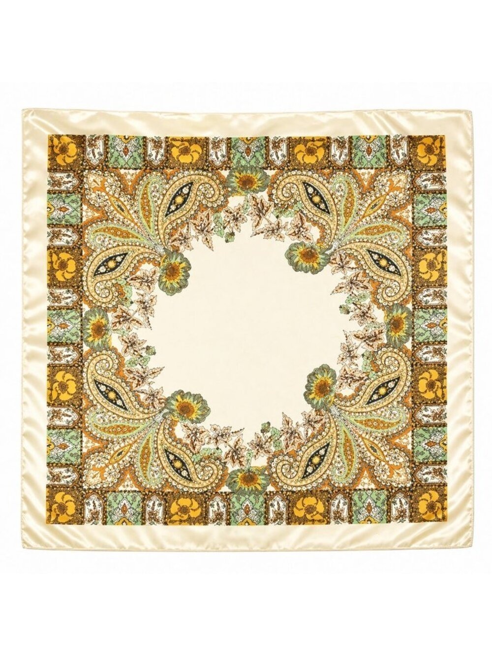 Paisley Floral Satin Scarf Women Cream Gold Sage Green 27 Inch Square
